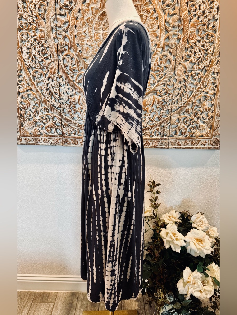 Raviya Navy & White Boho Tie-Dye Deep V Midi Dress/ Coverup, Lightweight - Picture 8 of 15